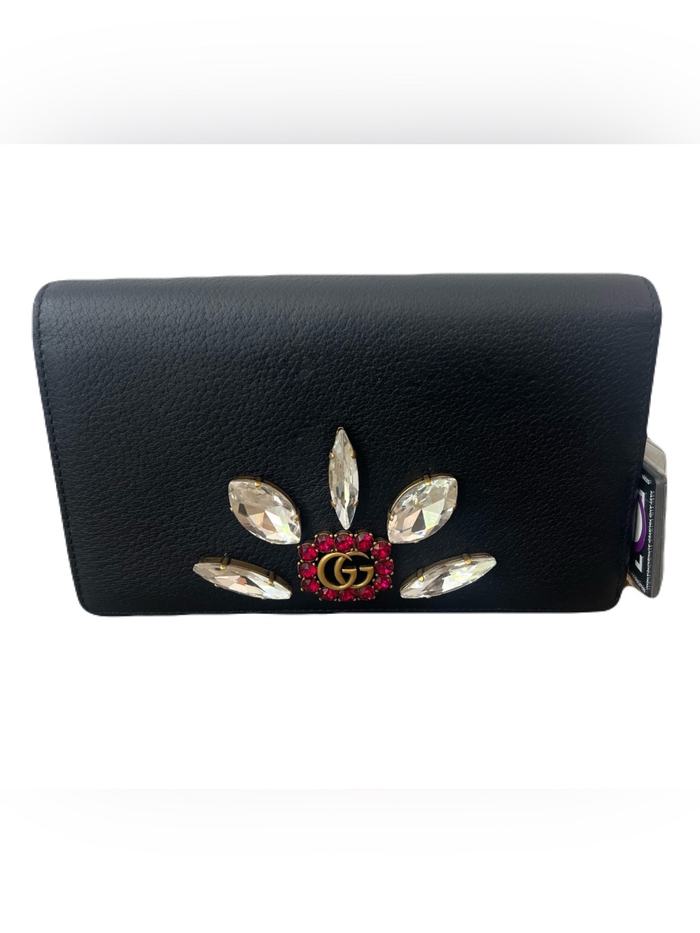 Gucci Black Leather Crystal-Embellished Wallet on Chain